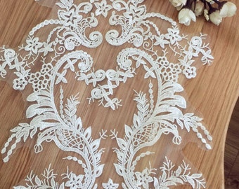 Wedding Lace Applique, Bridal Gown Applique, Ivory Lace Applique, Floral Embroidery Lace Applique