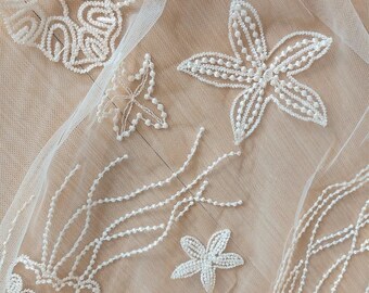 1 Yard Ocean Style Fresh Soft Tulle Embroidery Lace Fabric, Embroidery Bridal Lace Fabric, Wedding Gown Lace