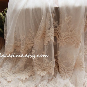 Retro Beige Wedding Fabric, French Lace Fabric, Bridal Lace Fabric, Two Edges Embroidered Lace Fabric