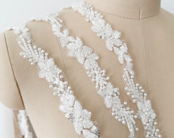 Luxury 3D tiny pearl beaded bridal lace trim applique for wedding straps , veils, wedding gown bodice or belt