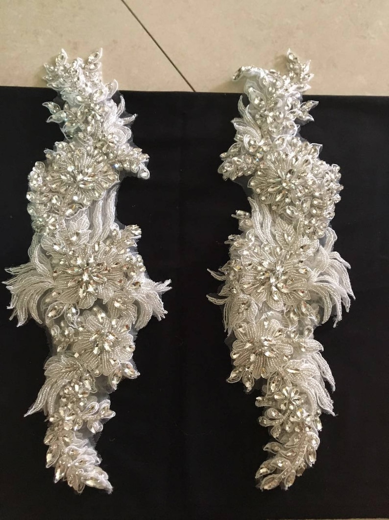 Luxury Rhinestone Beaded Lace Applique Pair in Silver Etsy