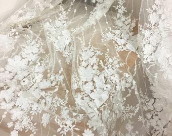 Detailed clear sequin 3D flower appliqed ivory lace fabric by yard, wedding bridal prom dress fabric lace wholesale price