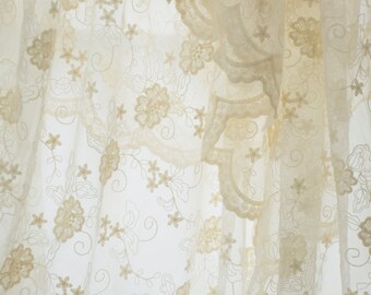 Tissu dentelle coton broderie florale écru : dentelle pour robe de mariée vintage par mètre
