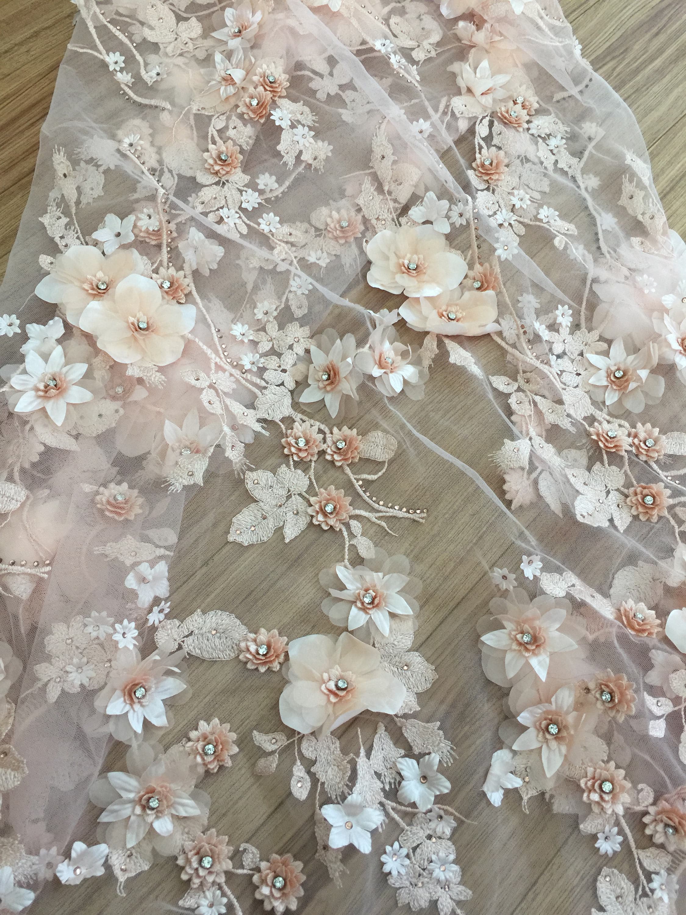 Peach 3D Bridal Lace Fabric Luxury3d Flowers Applique Wedding