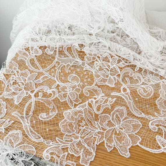 Floral Crochet Alencon Lace Fabric, Warm White Embroidery, Bridal