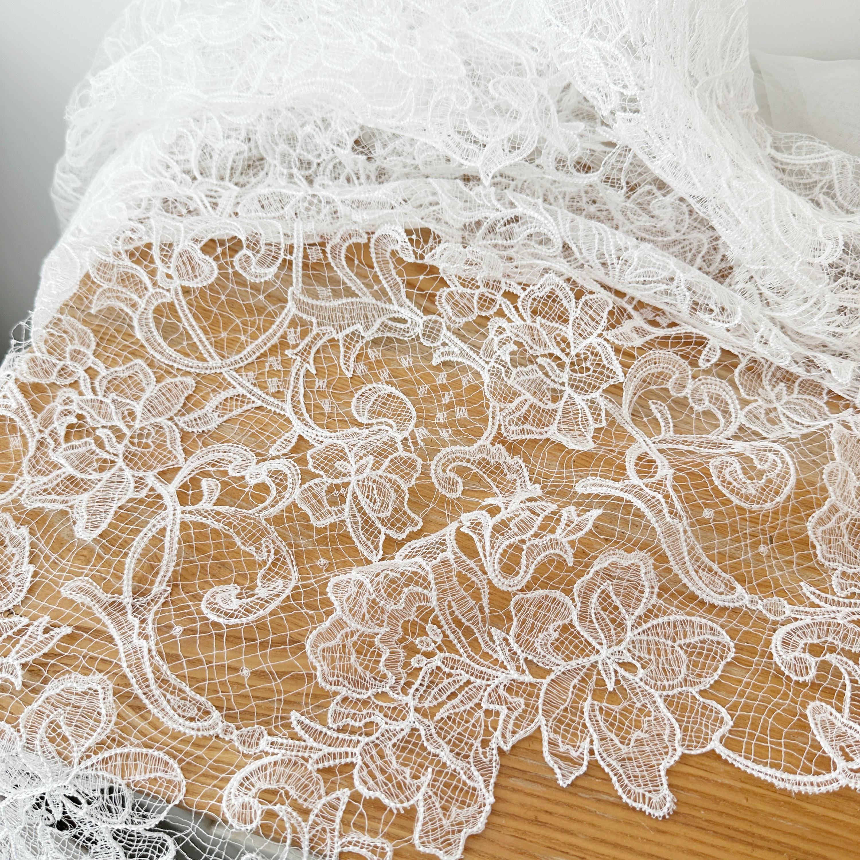 Floral Crochet Alencon Lace Fabric, Warm White Embroidery, Bridal