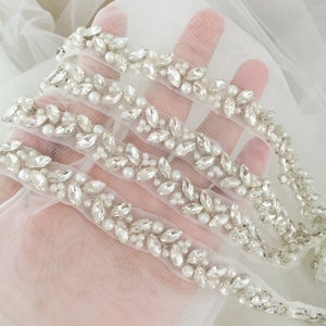 Slim and Thin Rhinestone Pearl Beaded Lace Trim for Bridal Belt Wedding Sash Gown Straps
