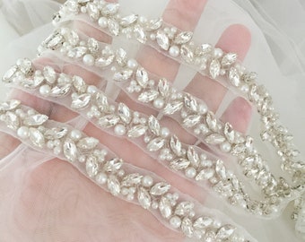 Rhinestone Pearl Beaded Lace Trim, Bridal Sash Gown Straps