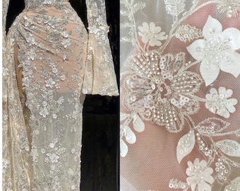 Tela de encaje floral con cuentas 3D color champán, alta costura nupcial, 140 cm de ancho