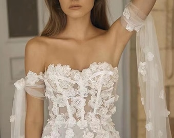 Ivory 3D lace fabric, Luxury hand made beads by 3D Blossoms, French Lace, Embroidered lace, Wedding Lace, Bridal lace, black Lace, Veil lace