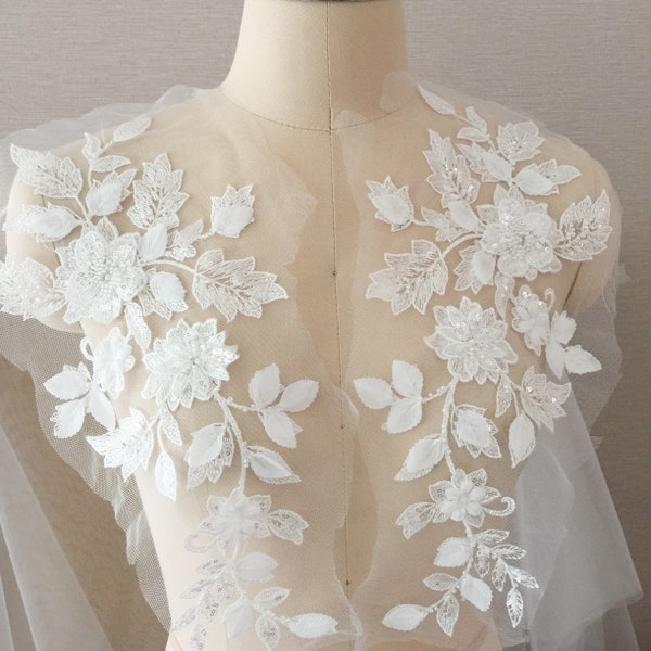 Applique de dentelle de mariée ivoire pailletée fleur 3D, paire d'appliques de Venise pour mariage, fleurs de cheveux de mariée, ceinture de mariée