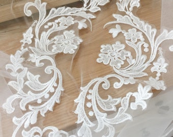 Quality dense embroidery lace applique in off white, bridal veil wedding dress bodice applique patch