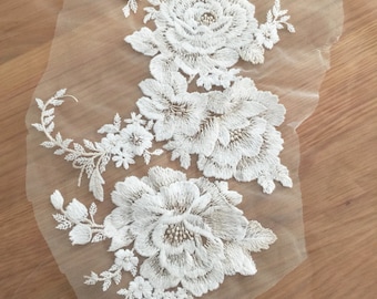 Aplique de encaje de algodón color crema: decoración floral de peonía bordada para vestido de novia