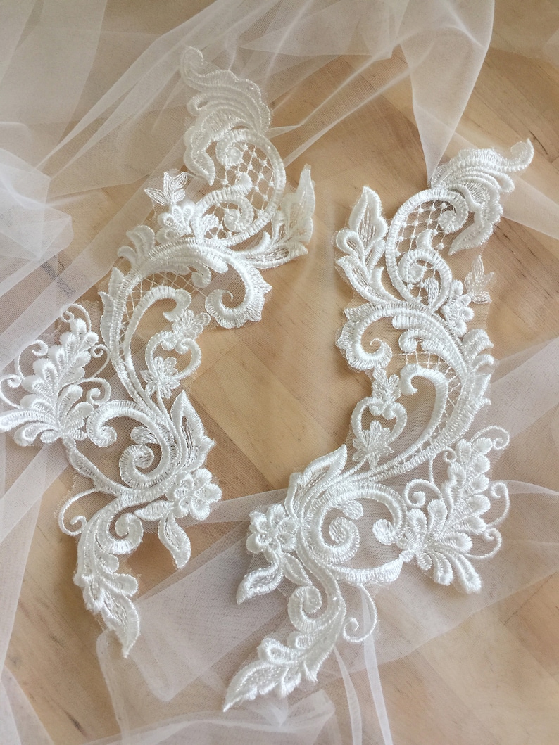 Clear Sequin Floral Embroidery Lace Applique Pair Nice Bridal Lace Motif Patch 30x8 cm