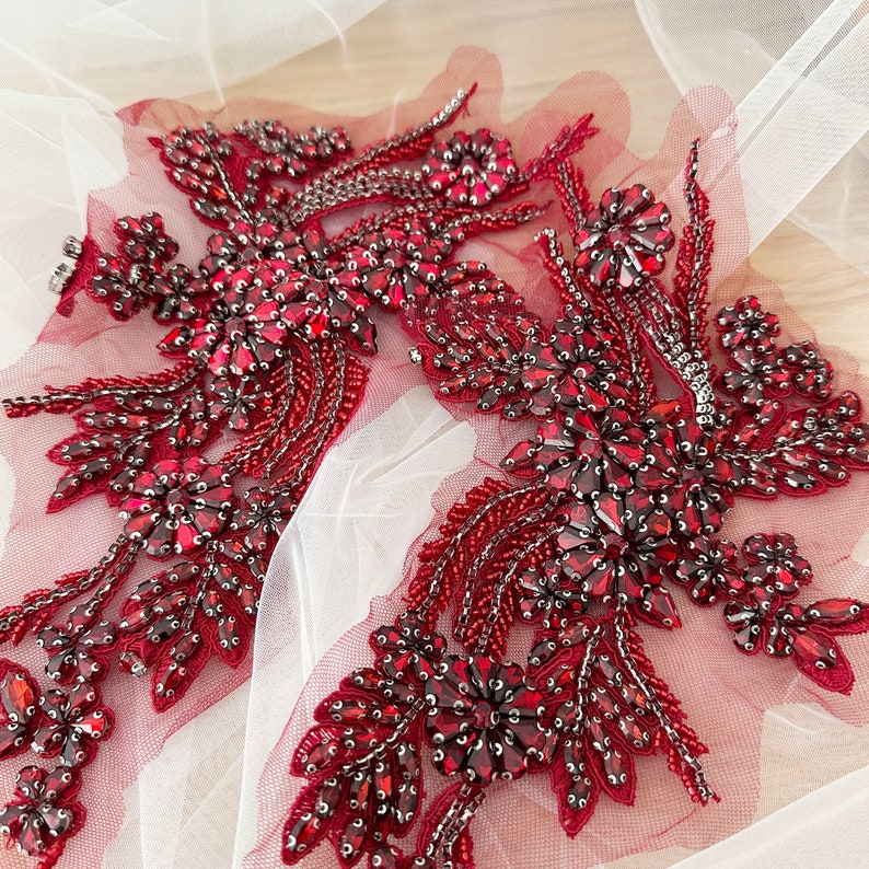 Wine Red Rhinestone Beaded Lace Applique Pair , Wedding Gown Bridal Dress Emebllishment Accessories ,Crystal Beaded Birdal Applique Wine red