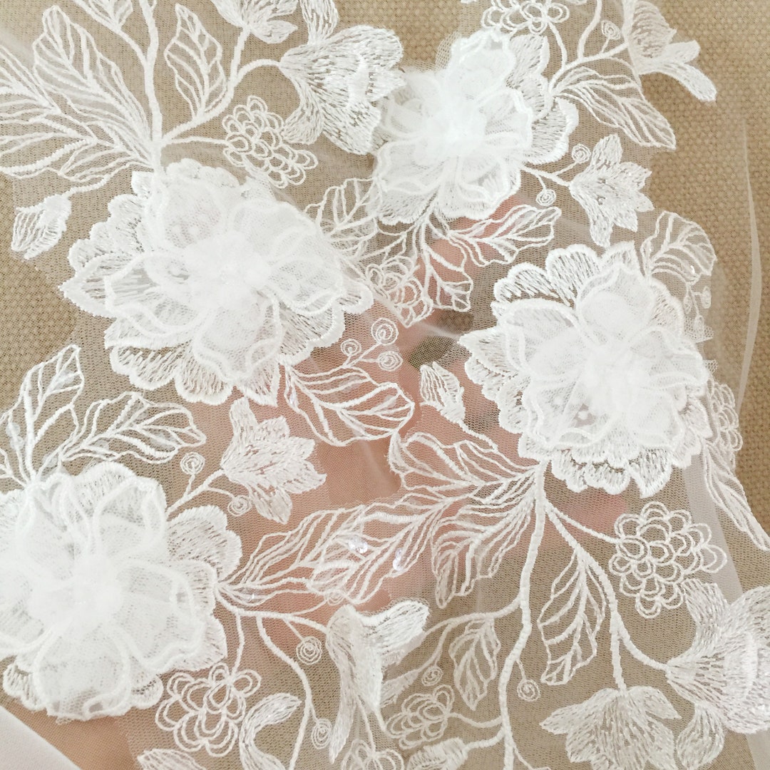 3D Ruffle Tulle Flower Lace Appliqué, Off-white Wedding Dress Patch ...