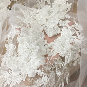 Grande aplique de vestido de noiva de cristal 3D com contas feitas à mão em marfim, aplique de cristal de alta costura, joias de noiva, capa de noiva