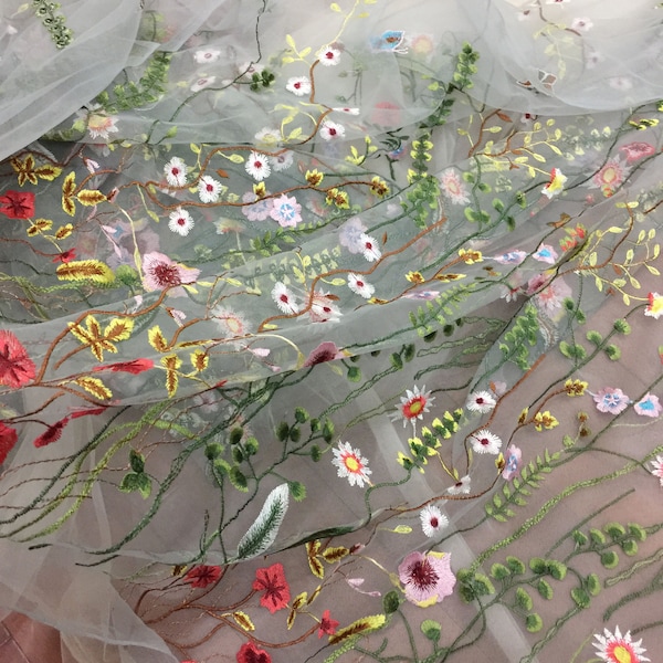 VERKOOP mooie borduurwerk blad bloemen stof zachte Tule kant stof voor bruidsmeisje jurk bloemenmeisje jurk in ivoor grijs zwart mesh