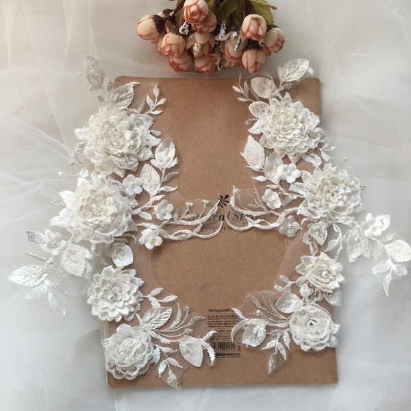 1 paire Exquise 3D perles perlées à la main Applique de dentelle de mariée en ivoire pour accessoires de mariage, conception de costumes, jarretières