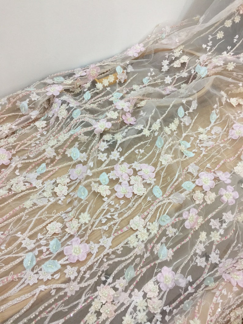 Bridal Dress Wedding Gown Acessories Luxury 3D Beaded Full Blossom Lace Fabric in Pastel Pink for Haute Couture