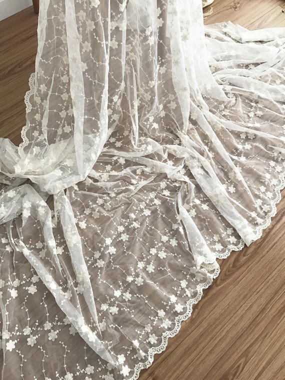1 Yard Clear Sequin Wedding Lace Tulle Embroidery Floral Off-white