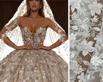 3D Champagne Beaded Flower Lace Fabric, Couture Wedding Applique (140cm Wide)