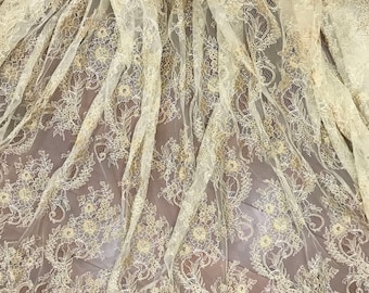 Gold French Alencon Lace Fabric: Double Scallop Eyelash Tulle (3 meters)