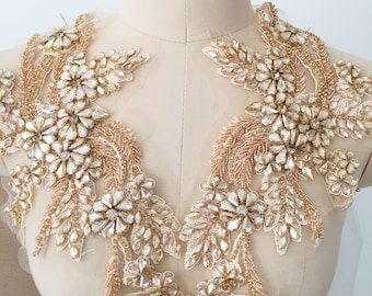 Par de apliques de encaje con diamantes de imitación color oro champán, adorno para vestido de novia