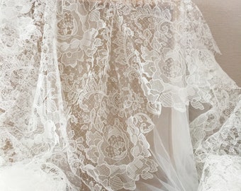 Ivory Alencon Lace Fabric, Crochet Rose Floral Embroidery, Bridal Wedding Gown