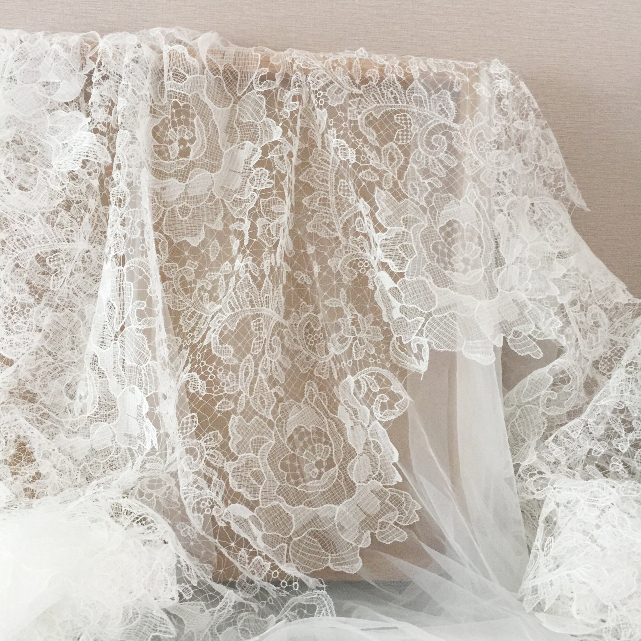Crochet Rose Alencon Lace Fabric, Ivory Floral Embroidery, Bridal