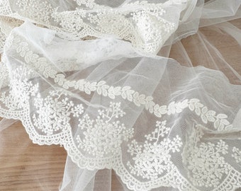 vintage style cotton floral  mesh lace trim in cream , cotton flroal embroidery lace trim Tulle Lace Bridal Wedding Fabric Lace