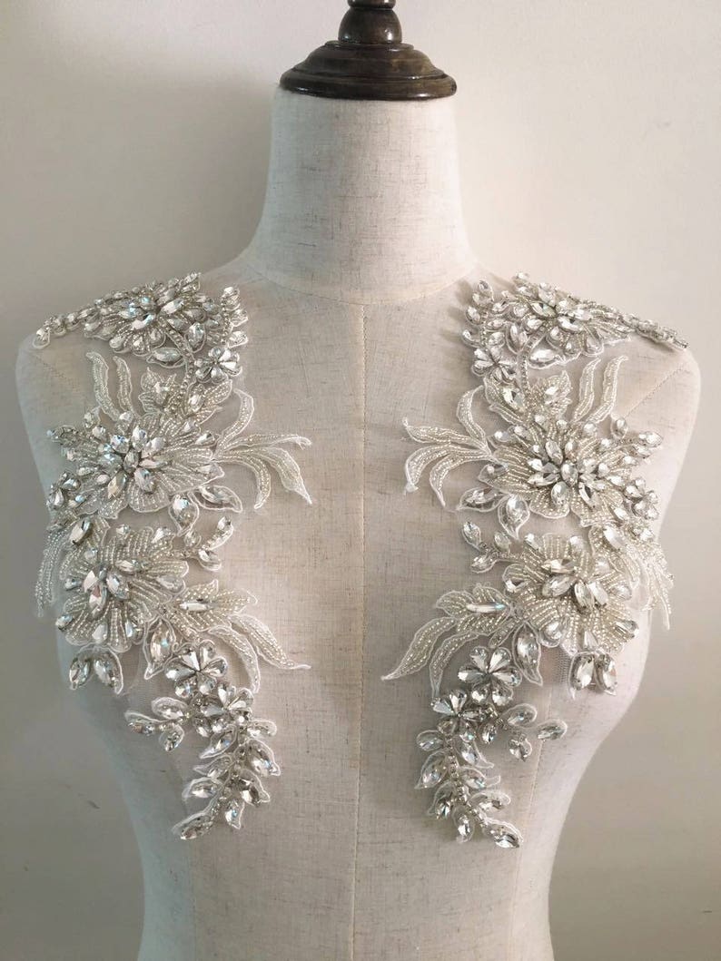 Luxury Rhinestone Beaded Lace Applique Pair in Silver Etsy