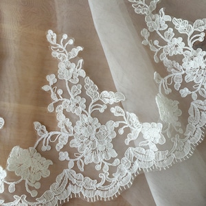 Exquisite Französische Baumwolle Alencon Spitzenborte in Ivory für Brautschleier, Hochzeitskleid Brautkleid Zubehör