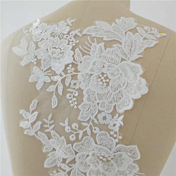Off White Exquisite clear sequin rose bridal lace applique, floral embroidery wedding applique bodice