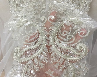 Vintage style Silver thread setting  3D heavily beaded lace applue, bridal bodice wedding gown overlay bridal veil lace pacth motif