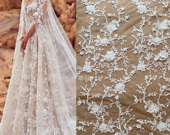1 Yard 3D blossom Beaded tulle lace fabric, couture fabric by yard in off white for prom dress wedding bridal lace