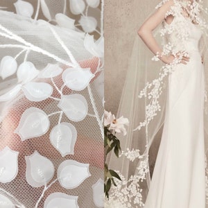 Petali 3D fantasia Fiore di vite abito da sposa in pizzo pannello velo nuziale tessuto in pizzo bianco
