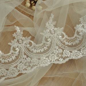 1 yard Sequin Alencon Lace Trim in off white for Bridal, Veils, Wedding Accessories