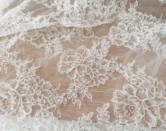 3 Meters Hand Made Fine Geometric Alencon Embroidery Lace Fabric at 150 cm wide, Couture Wedding Gown Fabric