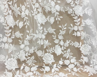 Floral Embroidery Lace Fabric, Off-White Sequin Tulle for Wedding Gown