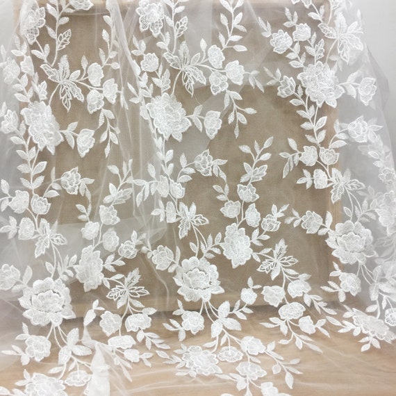 1 Yard Clear Sequin Wedding Lace Tulle Embroidery Floral Off-white