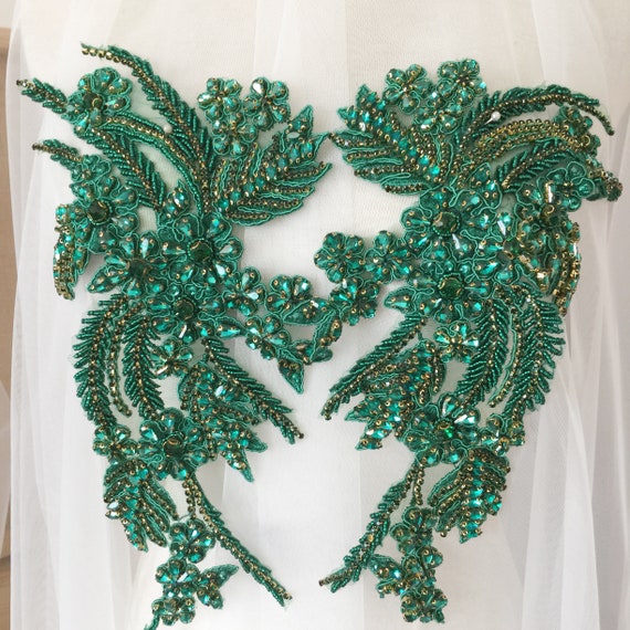sachin and babi light blue dress Emerald Green Rhinestone Beaded Lace Applique Pair , Wedding Gown Bridal  Dress Emebllishment Accessories ,crystal Beaded Birdal Applique