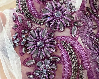 Par de apliques de diamantes de imitación de Phoenix delicados morados con cuentas de cristal para vestido de novia corpiño Cape Couture apliques de cristal