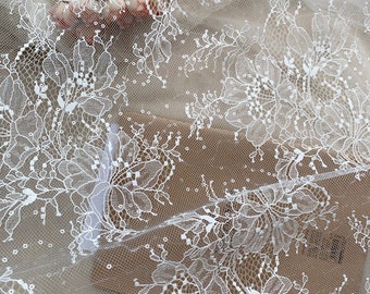 Clear Sequin Floral Embroidery Tulle Lace Fabric  , Ivory Tulle Bridal Baby Dress Lace Fabric