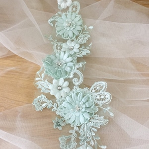 3D Beaded Bridal Lace Applique in Mint Green for Wedding Belt Applique, Veils, Headbands, Sash applique, Garters image 5