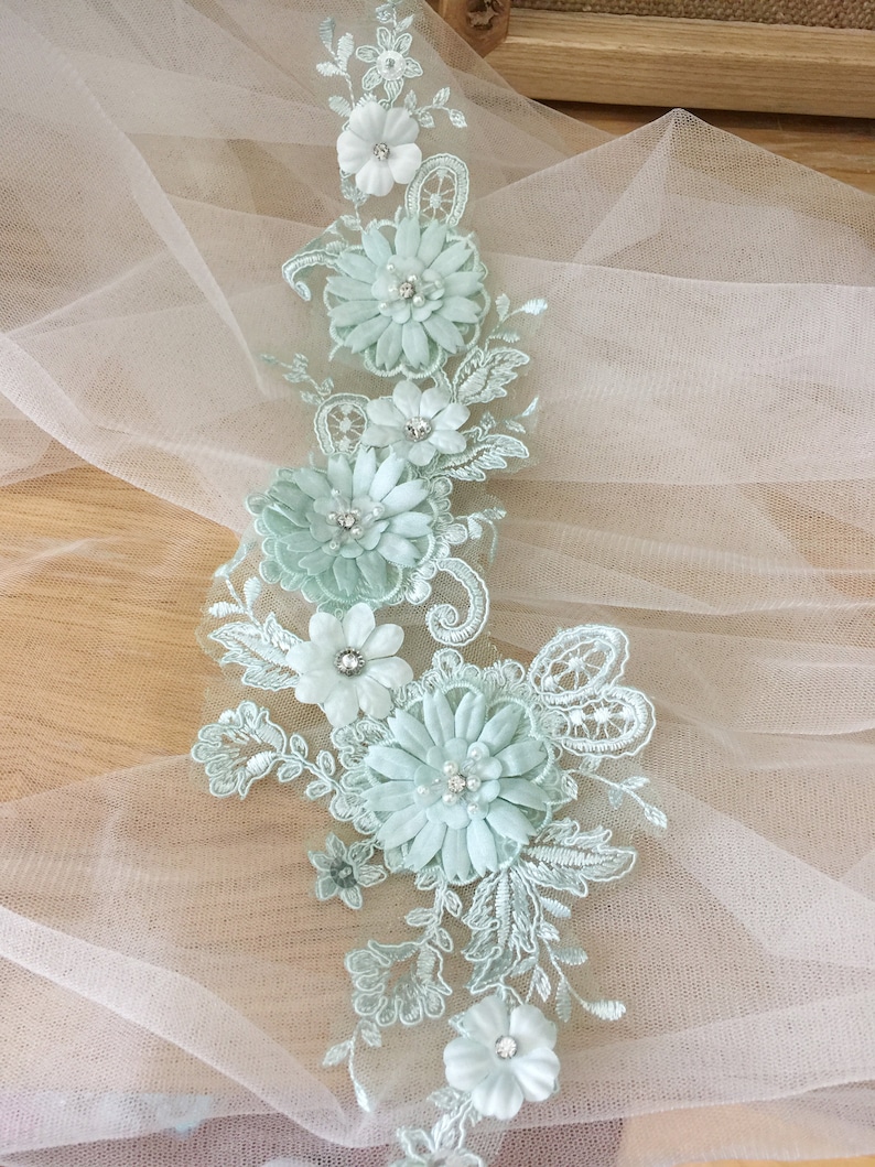 3D Beaded Bridal Lace Applique in Mint Green for Wedding Belt Applique, Veils, Headbands, Sash applique, Garters image 5
