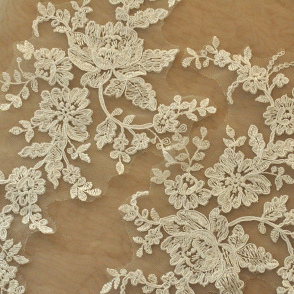 ivory Alencon lace applique pair for wedding veil, bridal lace, wedding gown, bridal dress