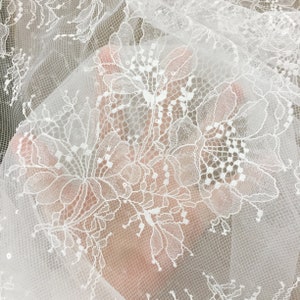 1 yard off white clear sequin bridal veil lace fabric, wedding dress cover overlay embroidery fabric by yard