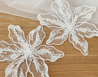 2 pieces  3D Beaded Flower Lace Applique with pearls, Blossom Patch Motif for Wedding Veil Bridal Headpiece Hair Flowers