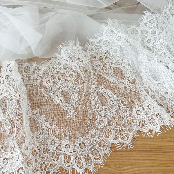 3 Yards Alencon Eyelash Lace Fabric Trim in Off White,Chantilly Lace Fabric for Birdal Veil , Wedding Gown, Bridal Dress
